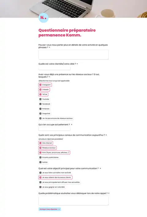 Aperçu du questionnaire préparatoire de la Permanence Komm.